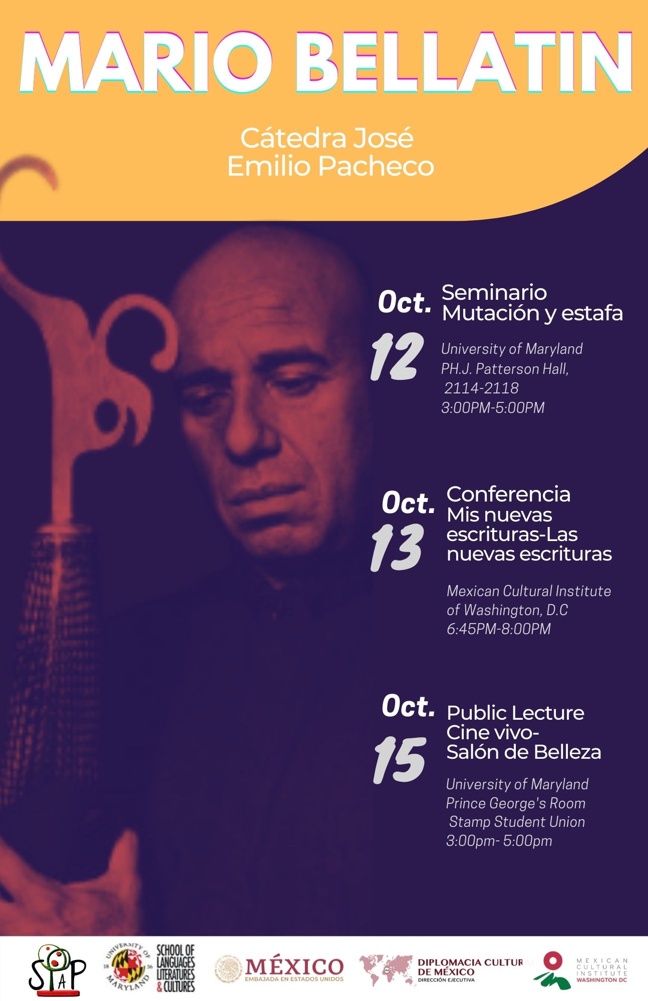 flyer for mario bellatin event, image of bellatin dark background