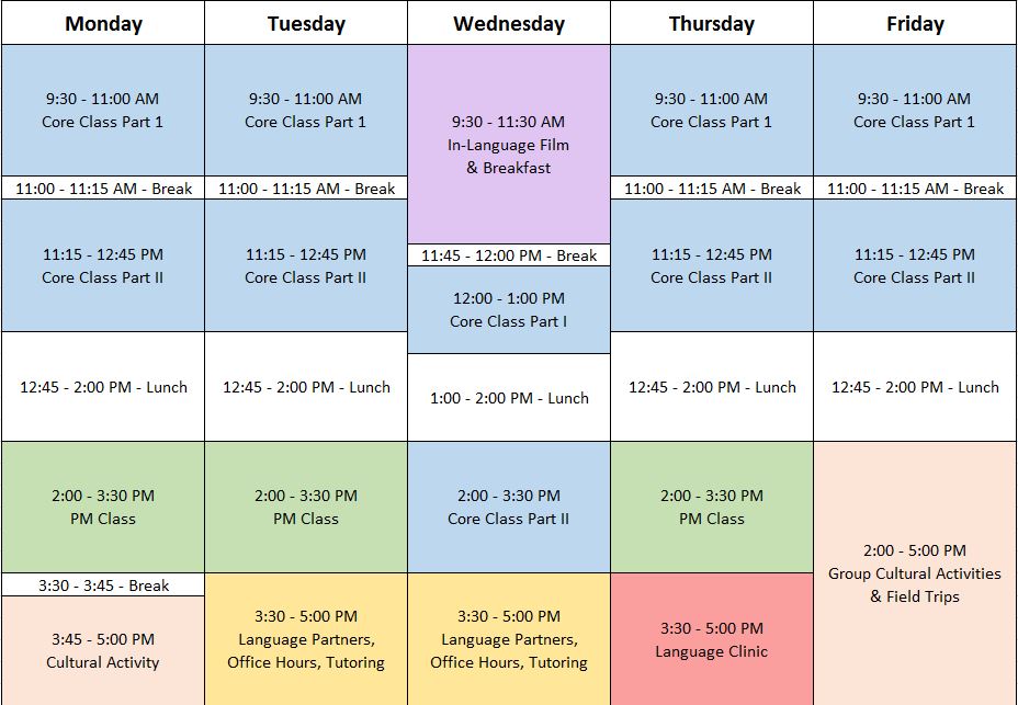 Schedule showing the weekly schedule of events of the Summer Language Institute