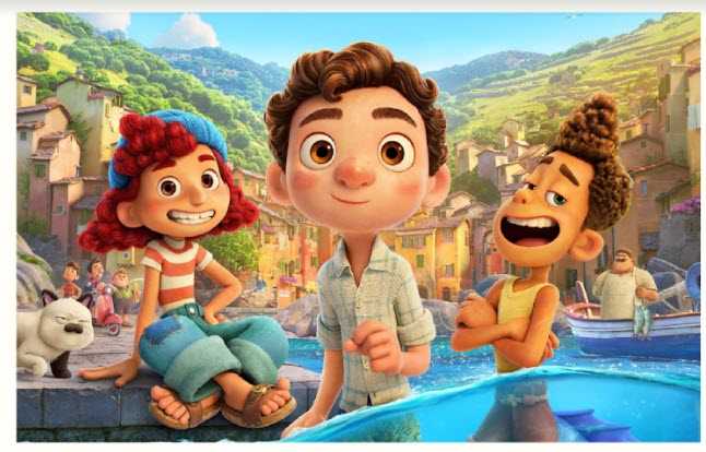 image of the cartoon movie Luca with three characters from the movie