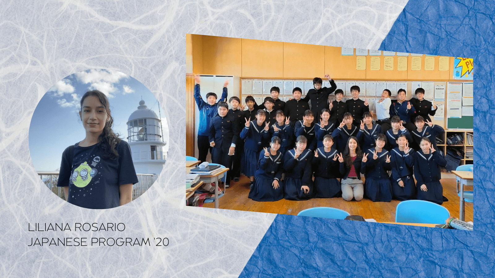 inset image of japanese graduate and her class in Japan