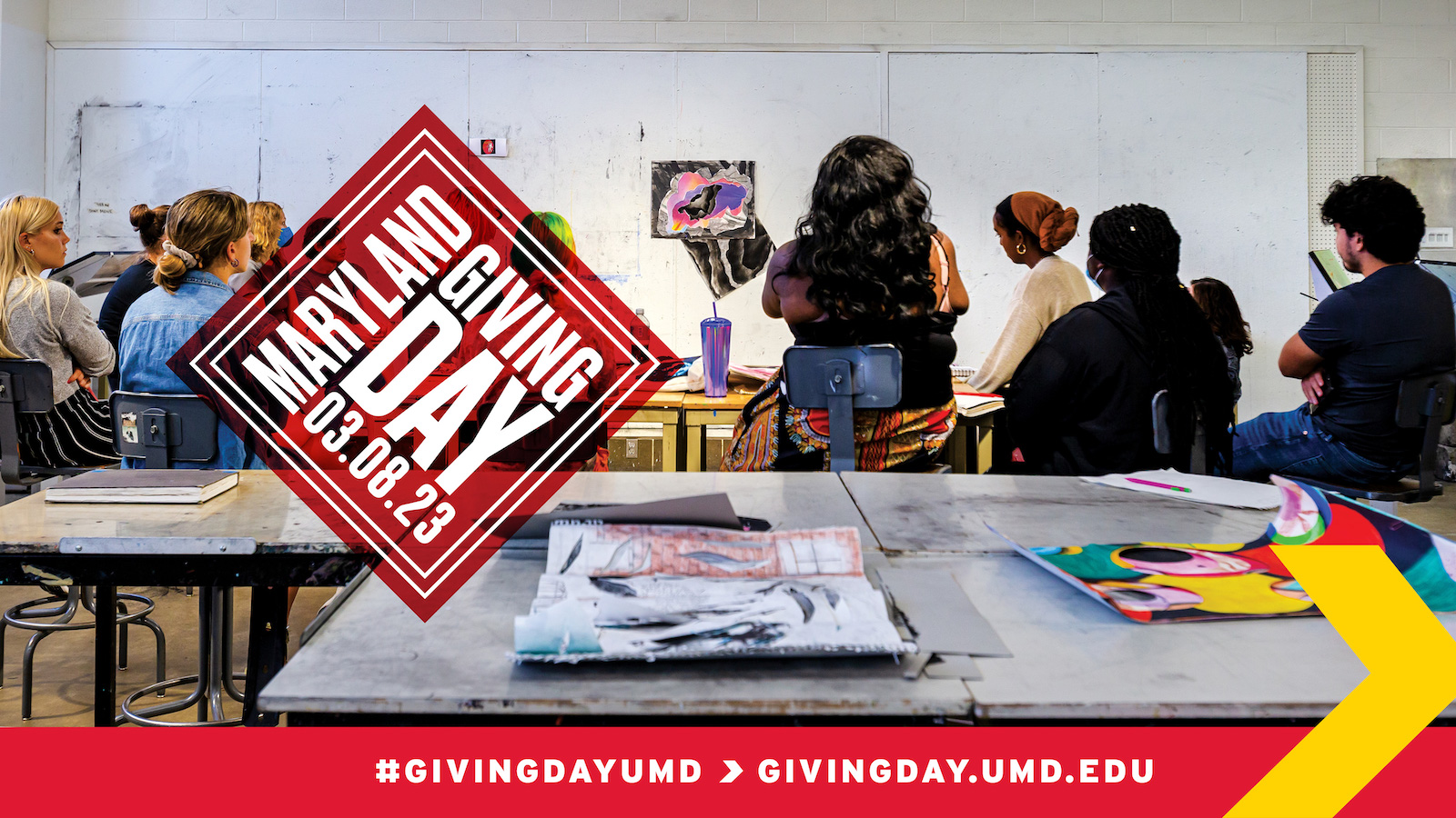  A studio art class with the Giving Day 2023 logo.