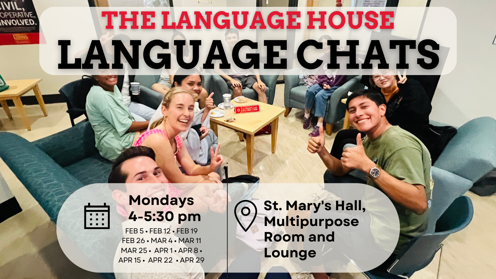 Language House Coffee Chat inset image of students sitting around a small table smiling and conversing