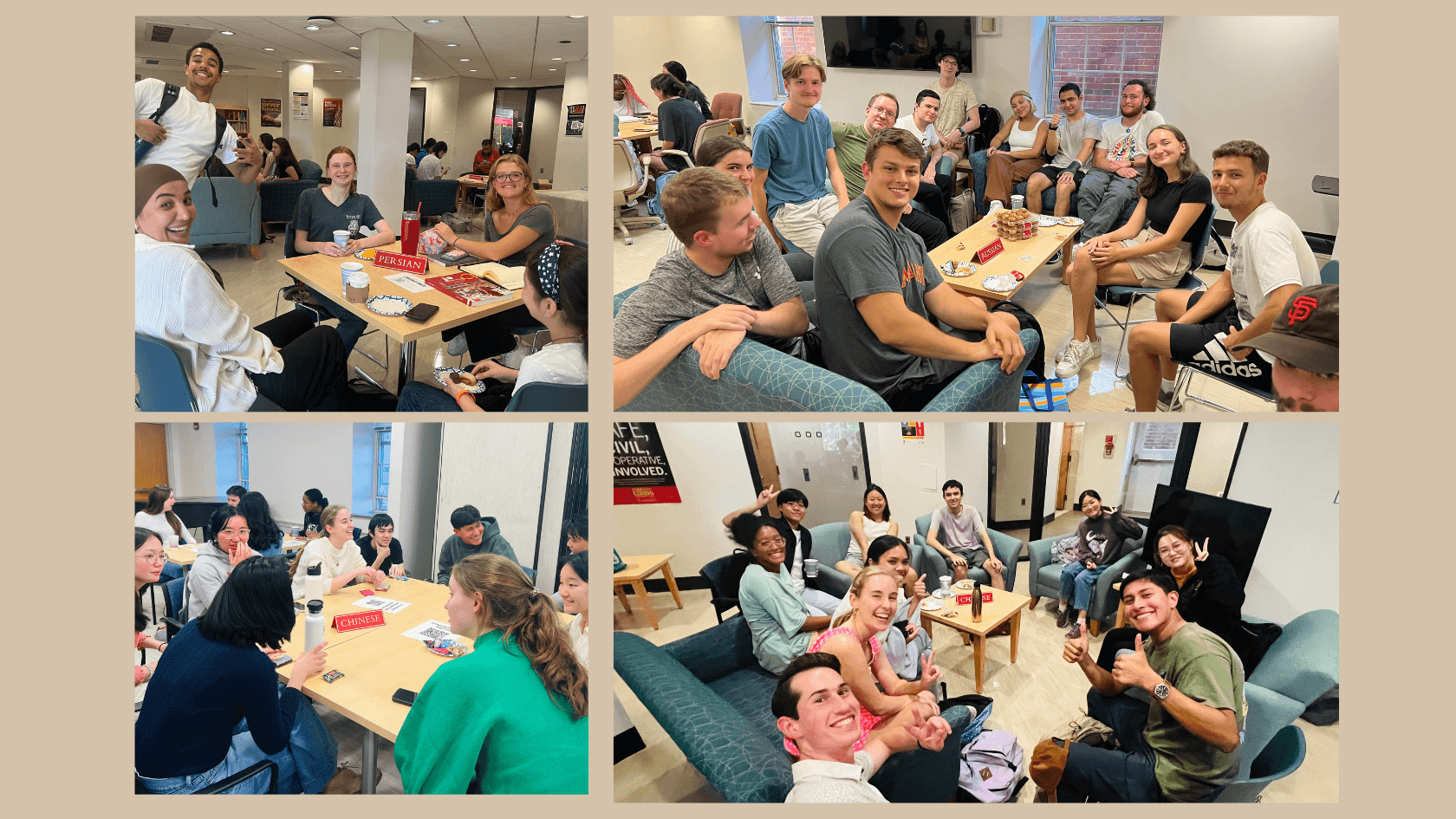 collage of students at the language chat tables in St. Mary's Hall