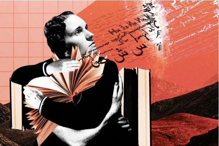 image of woman with books and words to represent international translation