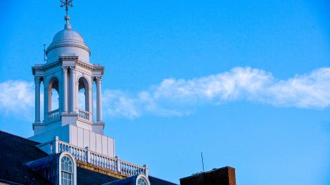 A photo of the spire of a building on campus