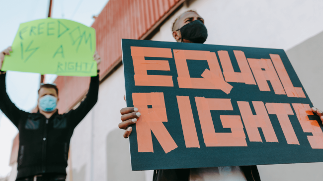 sllc inset image protester holding a sign that says "Equal Rights"