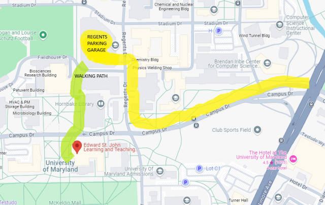 map to ESJ yellow is car path green is walking path