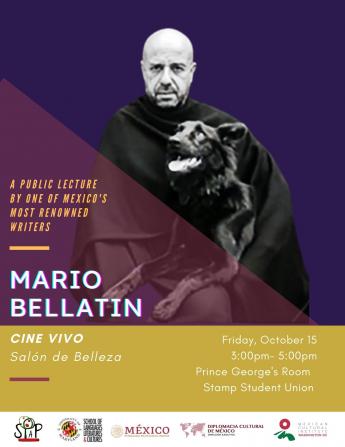 flyer for mario bellatin event, image of bellatin holding a black dog